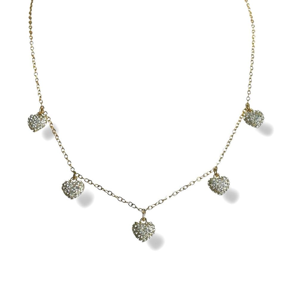 Gold Tone Puffy Hearts Sparkling Pave Rhinestones 5 Pendant Station Necklace